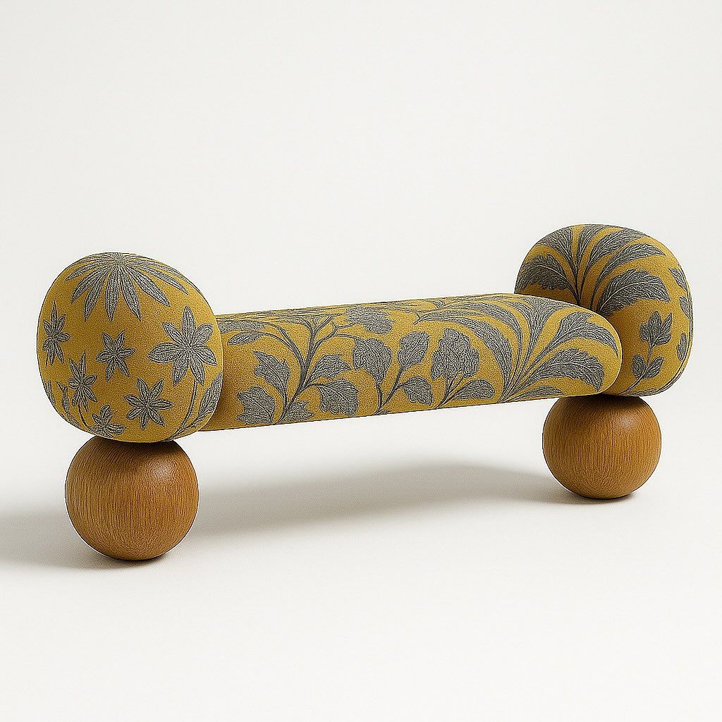 Floral-Pattern Spherical-Leg Bench